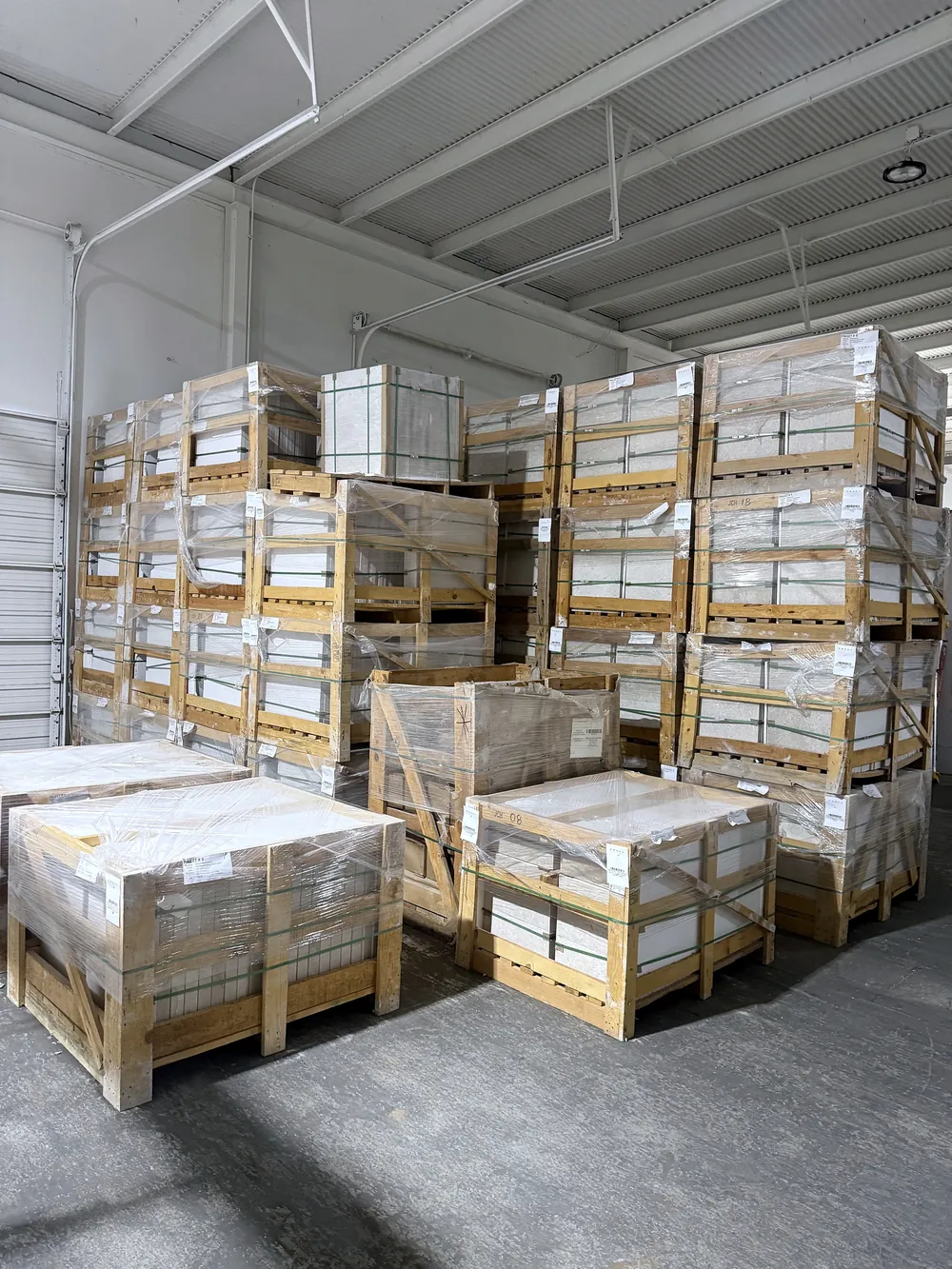 Crates of natural stone, Fort Worth warehouse